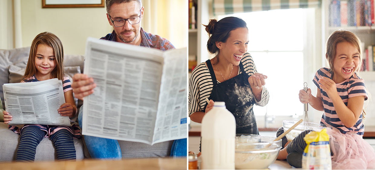 Vater und Tochter lesen gemeinsam Zeitung, Mutter und Tochter haben Spaß beim Backen